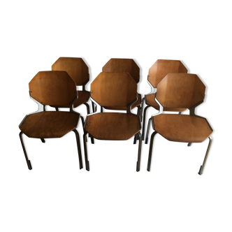 industrial chairs in brushed aluminum and wood year 80