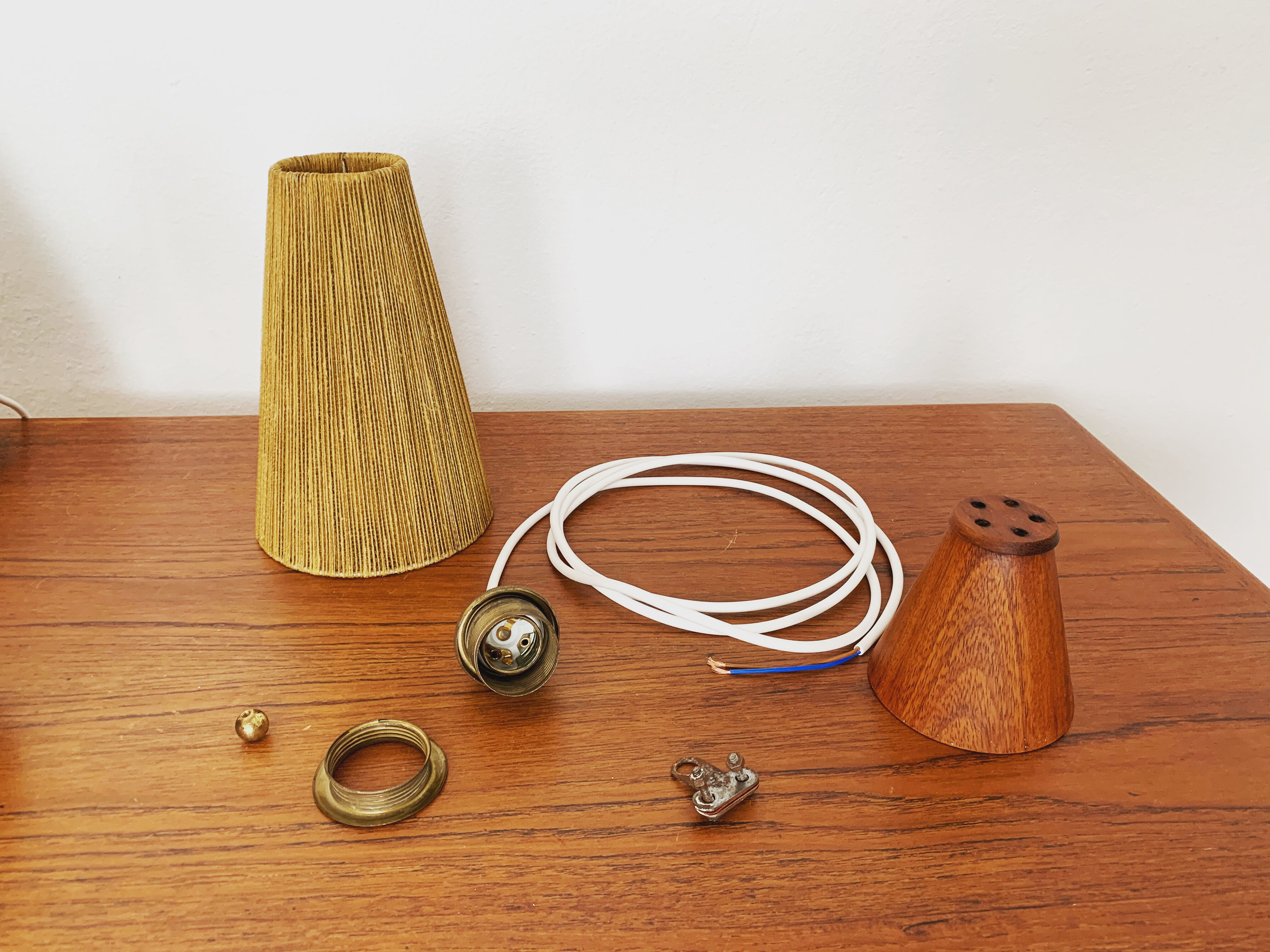 Teakwood and raffia bast chandelier by Temde