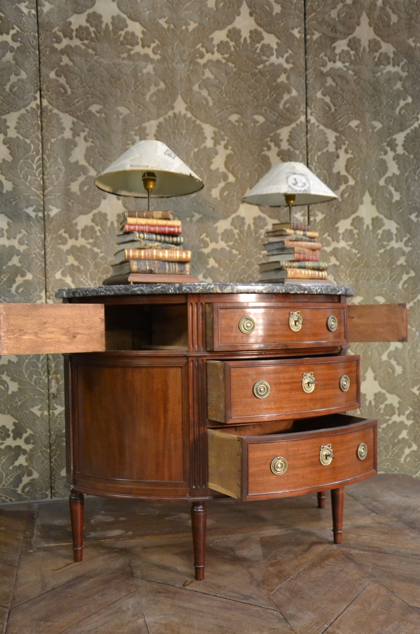 Louis XVI-style half-moon mahogany chest of drawers