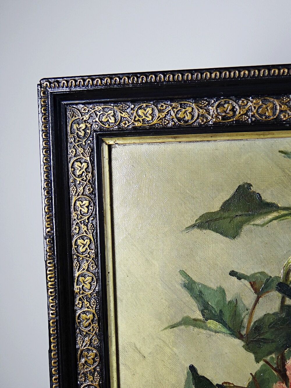 Large antique painting of peonies, signed E. Jacque, late 19th to early 20th century.
