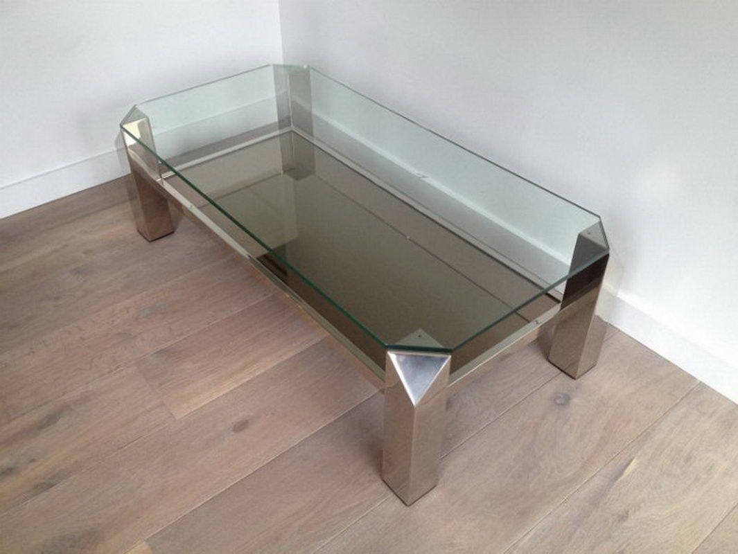 Table basse chromée à plateaux de verre et miroir