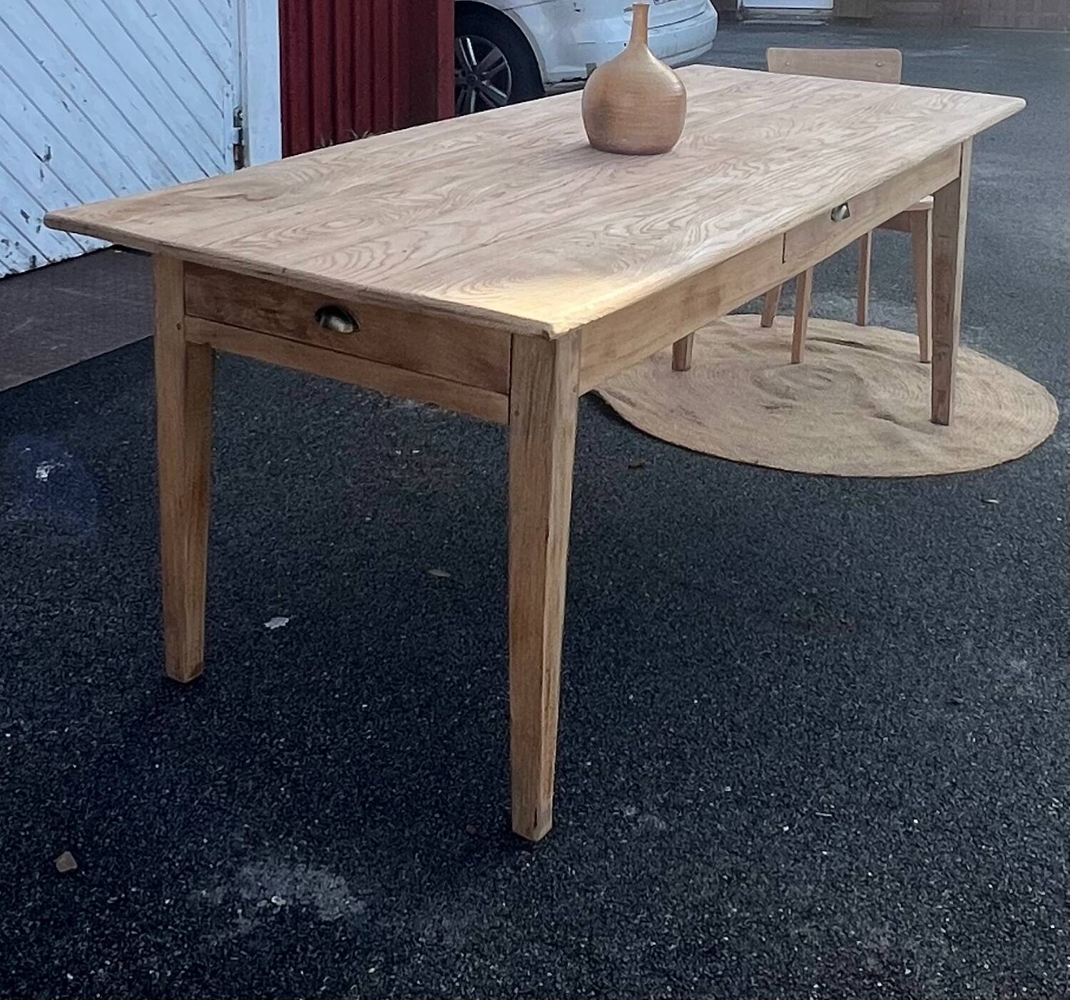 Large antique farmhouse table with 2 drawers in raw solid wood.