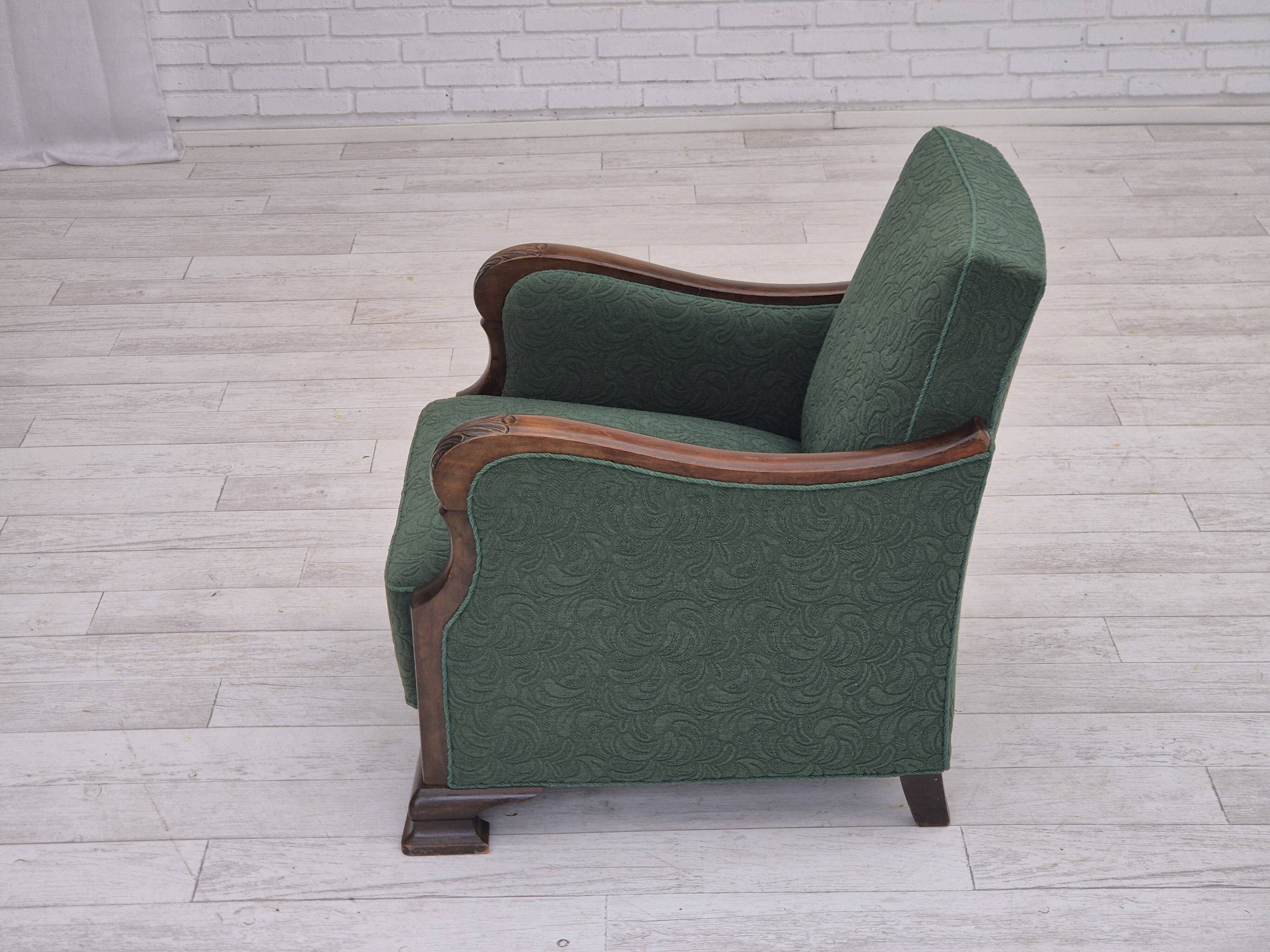 1950s, Danish relax chair, green furniture blend wool fabric, beech wood.