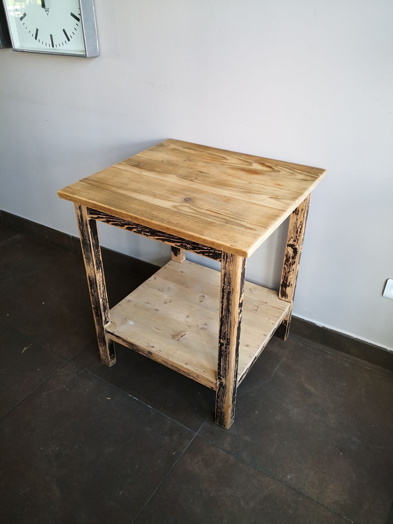 Vintage wooden side table, entrance console, square pedestal table 2 floors.