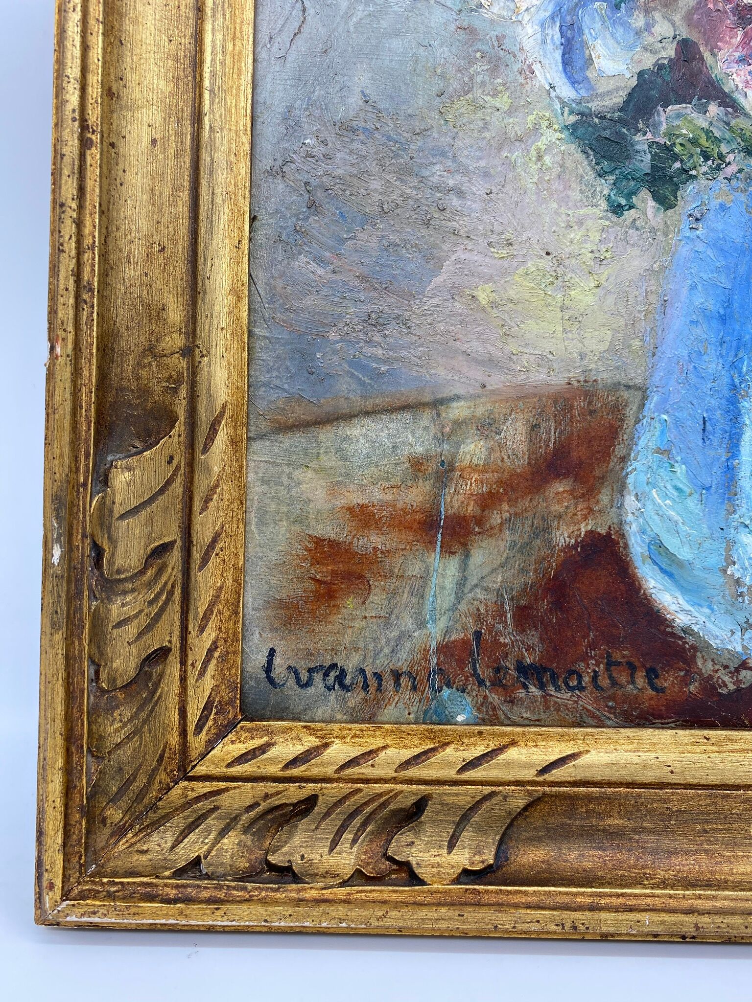 Antique painting, flowers in a vase