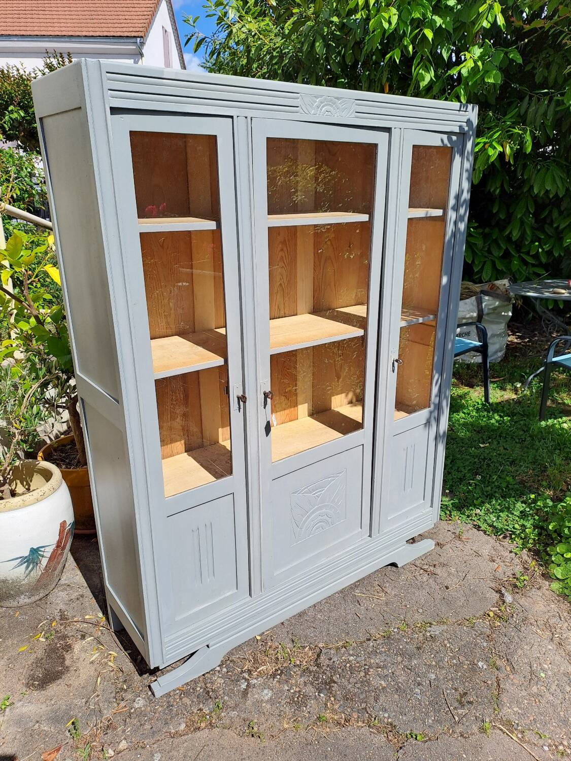 Art Deco 3-door glass bookcase