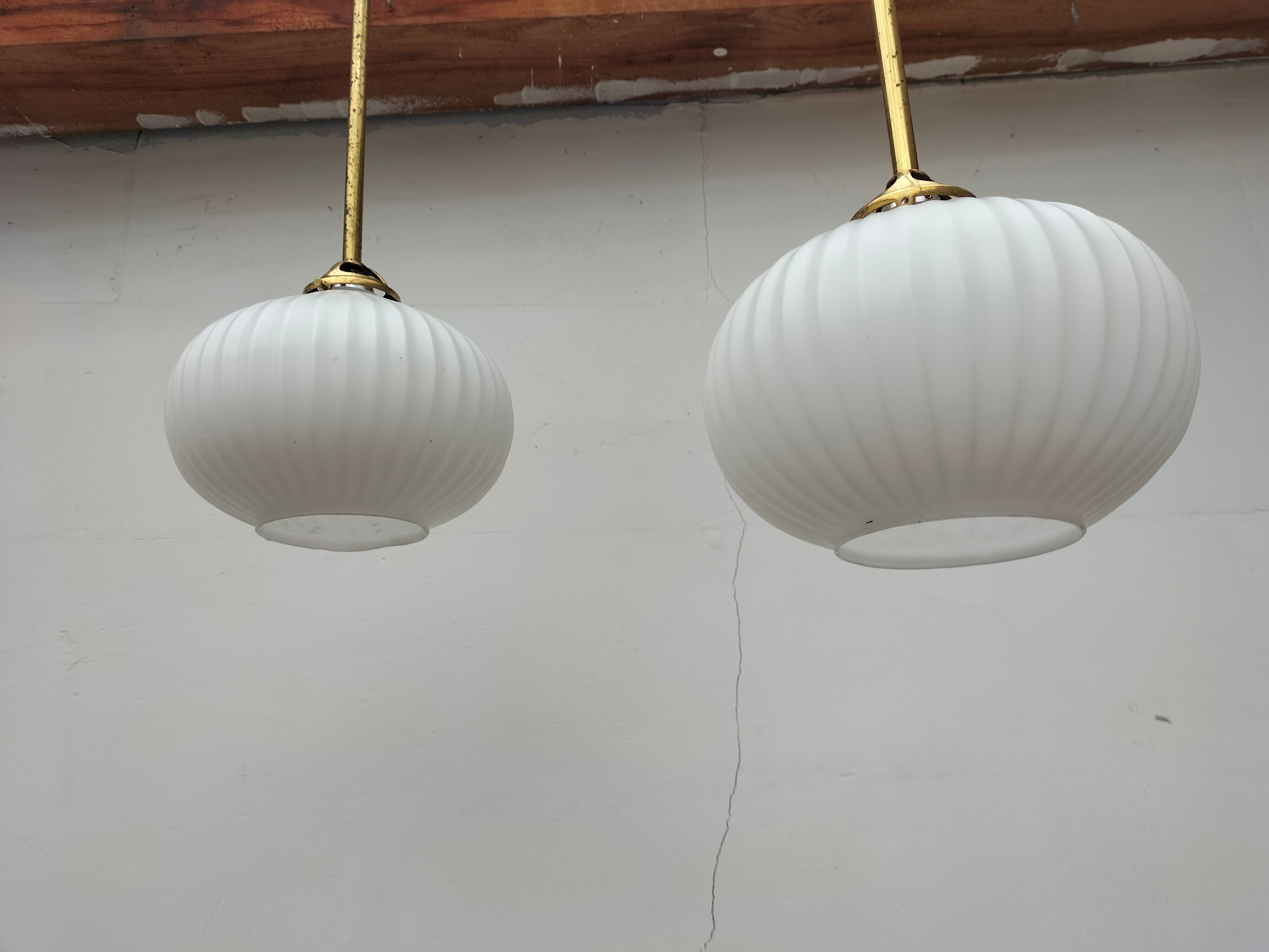 Pair brass and glass chandeliers