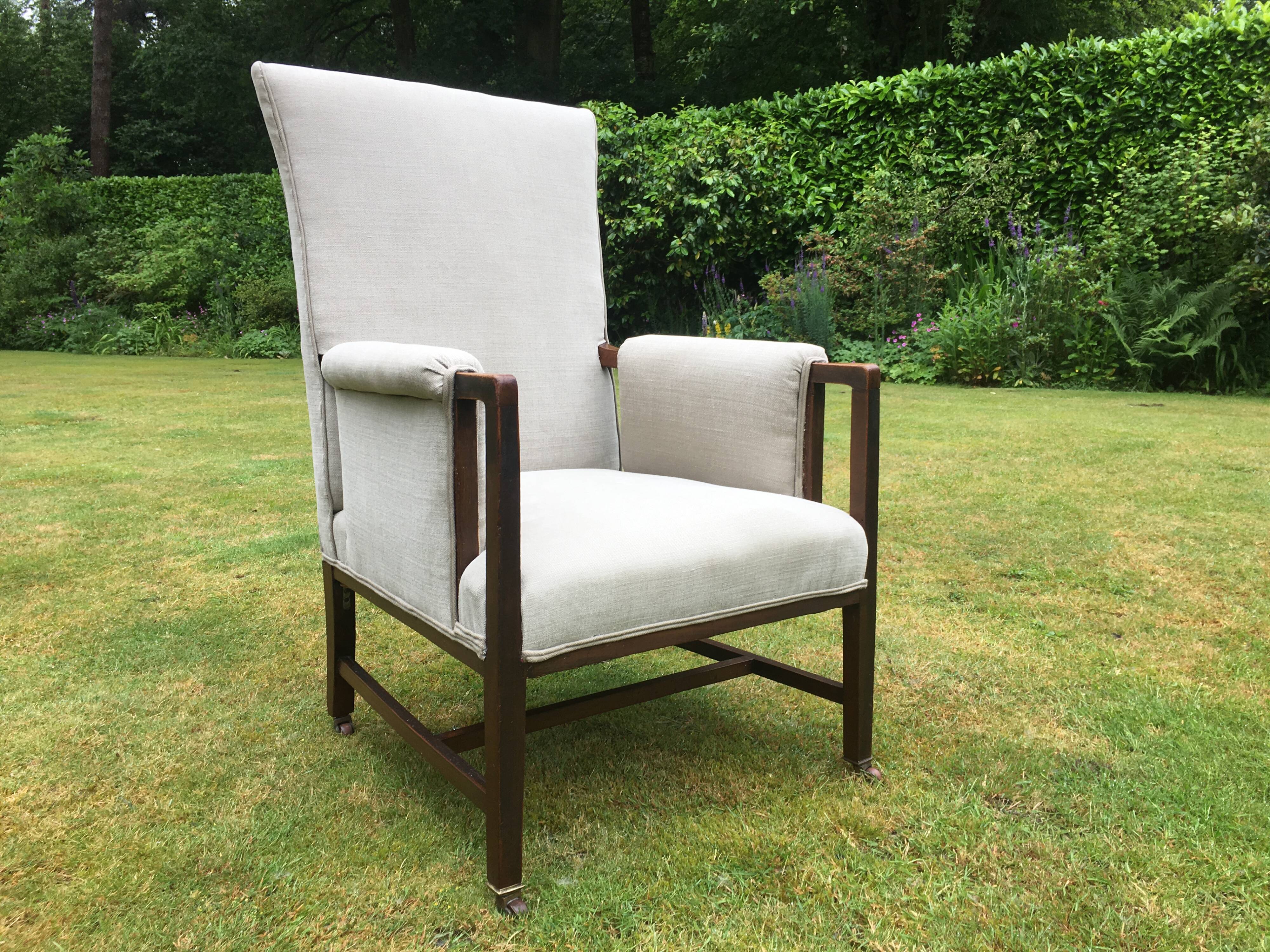 Vintage Antique Oak Reupholstered Armchair On Castors in Beige