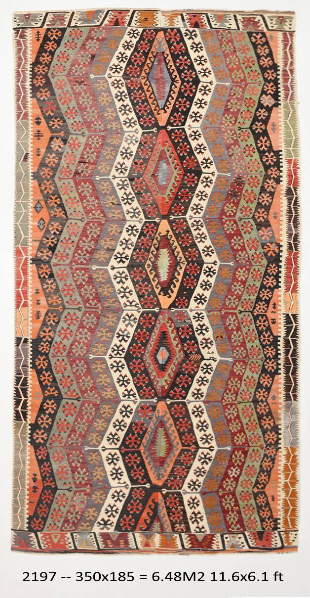 Pastel Tones Geometric Pattern Turkish Woven Wool Kilim Rug, 185x350 Cm