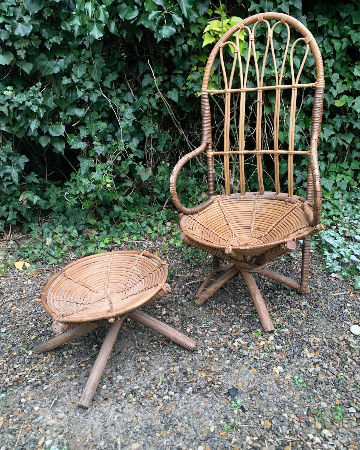 Rattan armchair and pouf