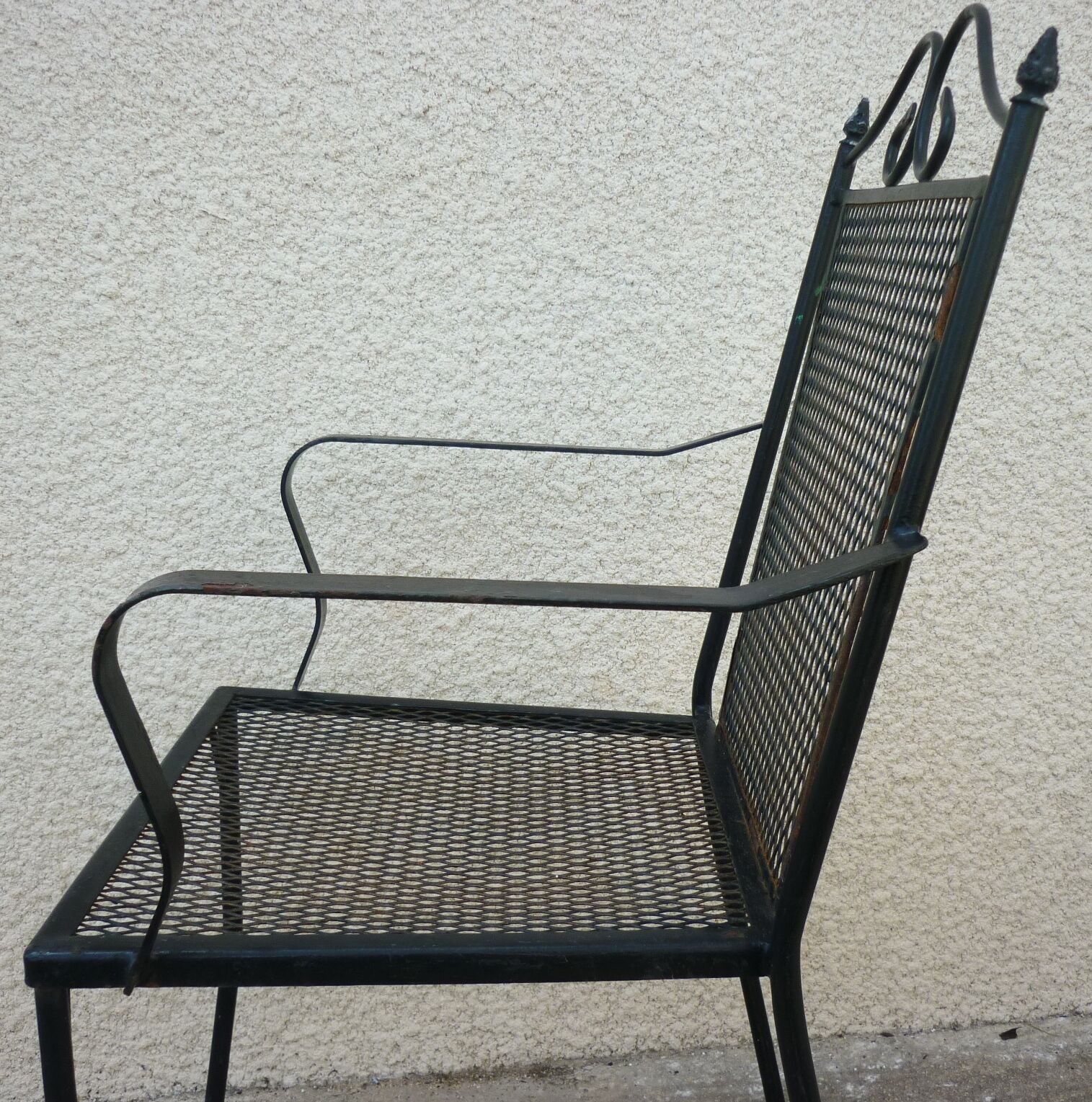 Series of 5 armchairs, openwork metal garden chairs, 60s/70s, stackable