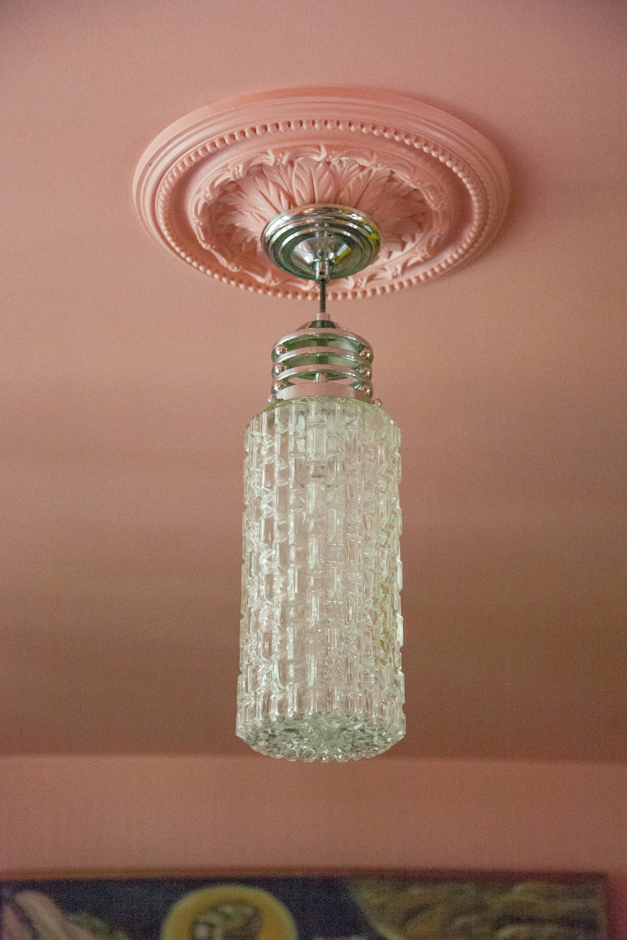 Vintage pendant lamp, Cylindrical glass suspension and chromed metal, ceiling lamp