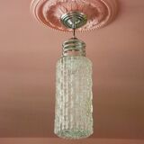 Vintage pendant lamp, Cylindrical glass suspension and chromed metal, ceiling lamp