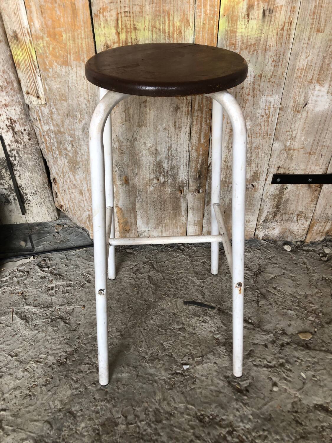 Bar Stool White Metal Leg + Vintage Brown Wood Seat #A352
