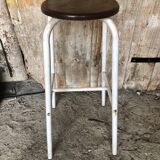 Bar Stool White Metal Leg + Vintage Brown Wood Seat #A352