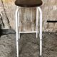 Tabouret de Bar Pied Métal Blanc + Assise Bois Marron Vintage #A352