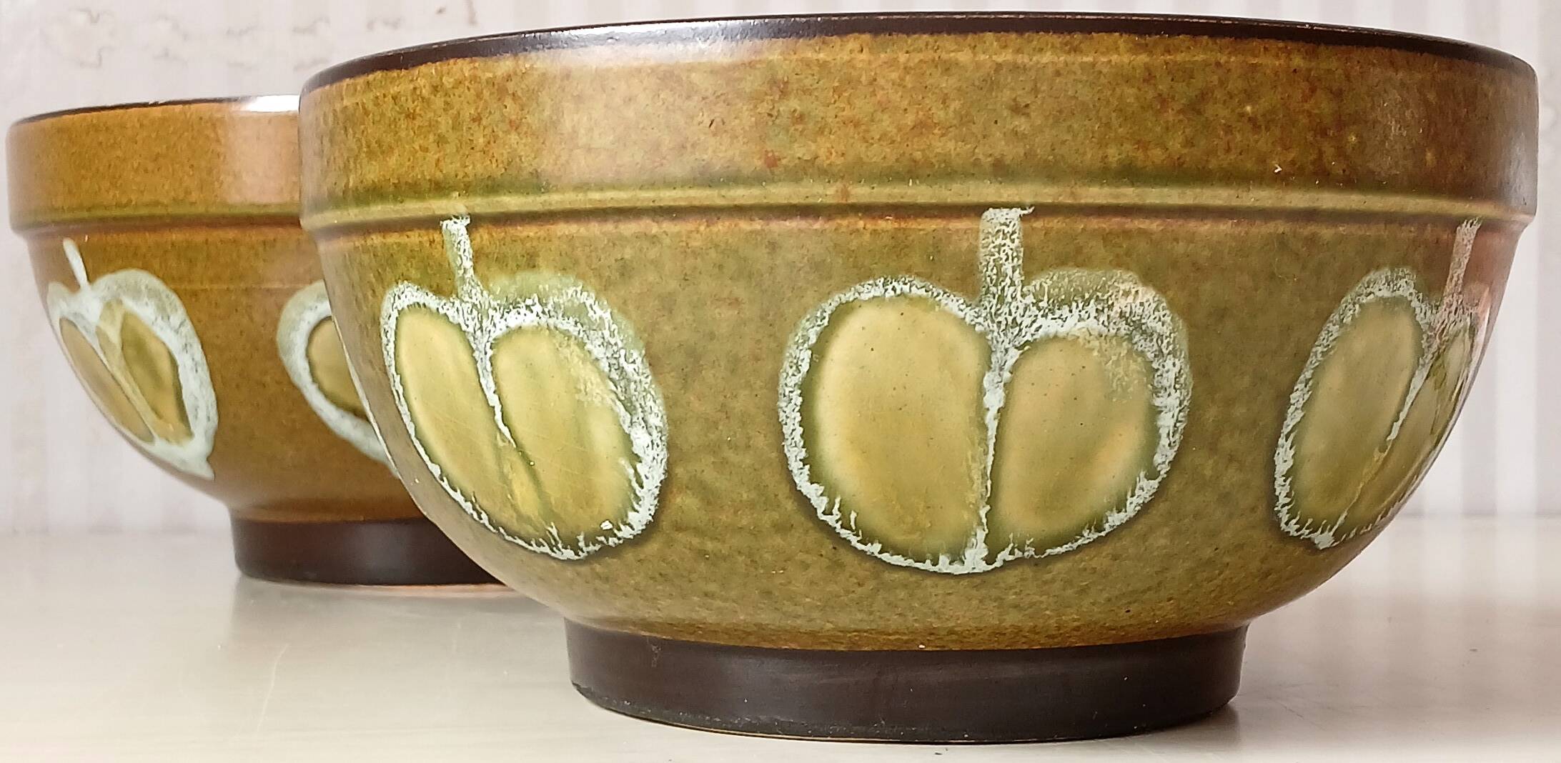 2 glazed ceramic salad bowls, stylized apples, 1970