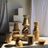 Stool, side table, cylindrical solid mango wood end table.