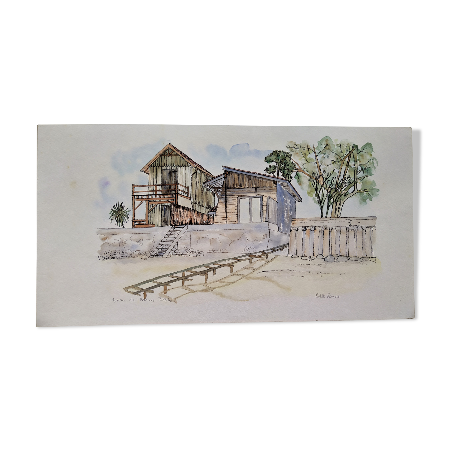 Watercolor lithograph 1980's "Cap-Ferret, 'L'Herbe' le quartier des pêcheurs"