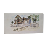 Watercolor lithograph 1980's "Cap-Ferret, 'L'Herbe' le quartier des pêcheurs"