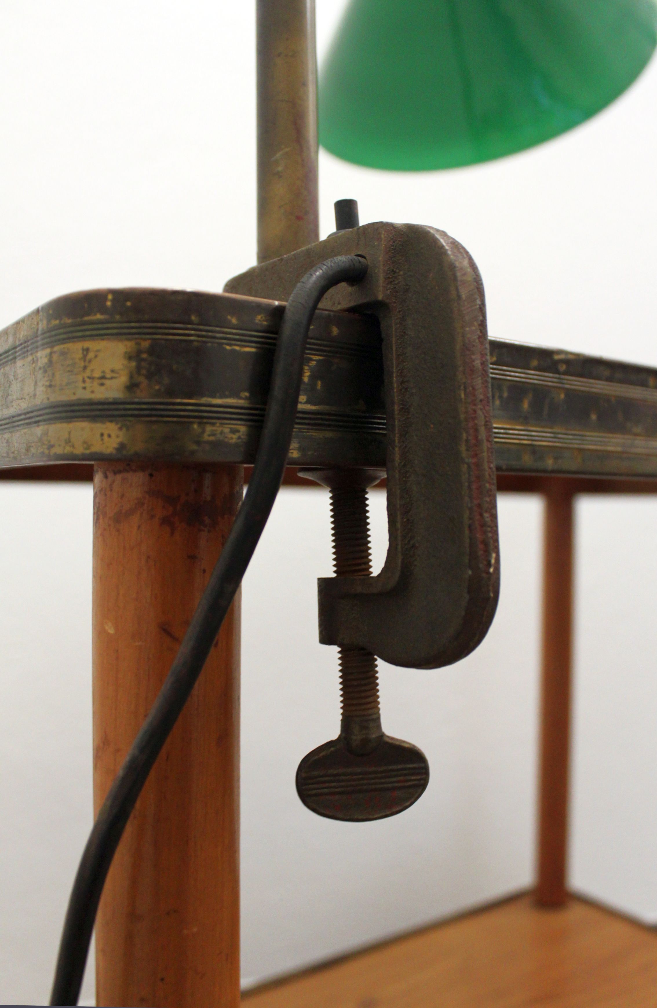 Vintage industrial vice lamp, green opaline.