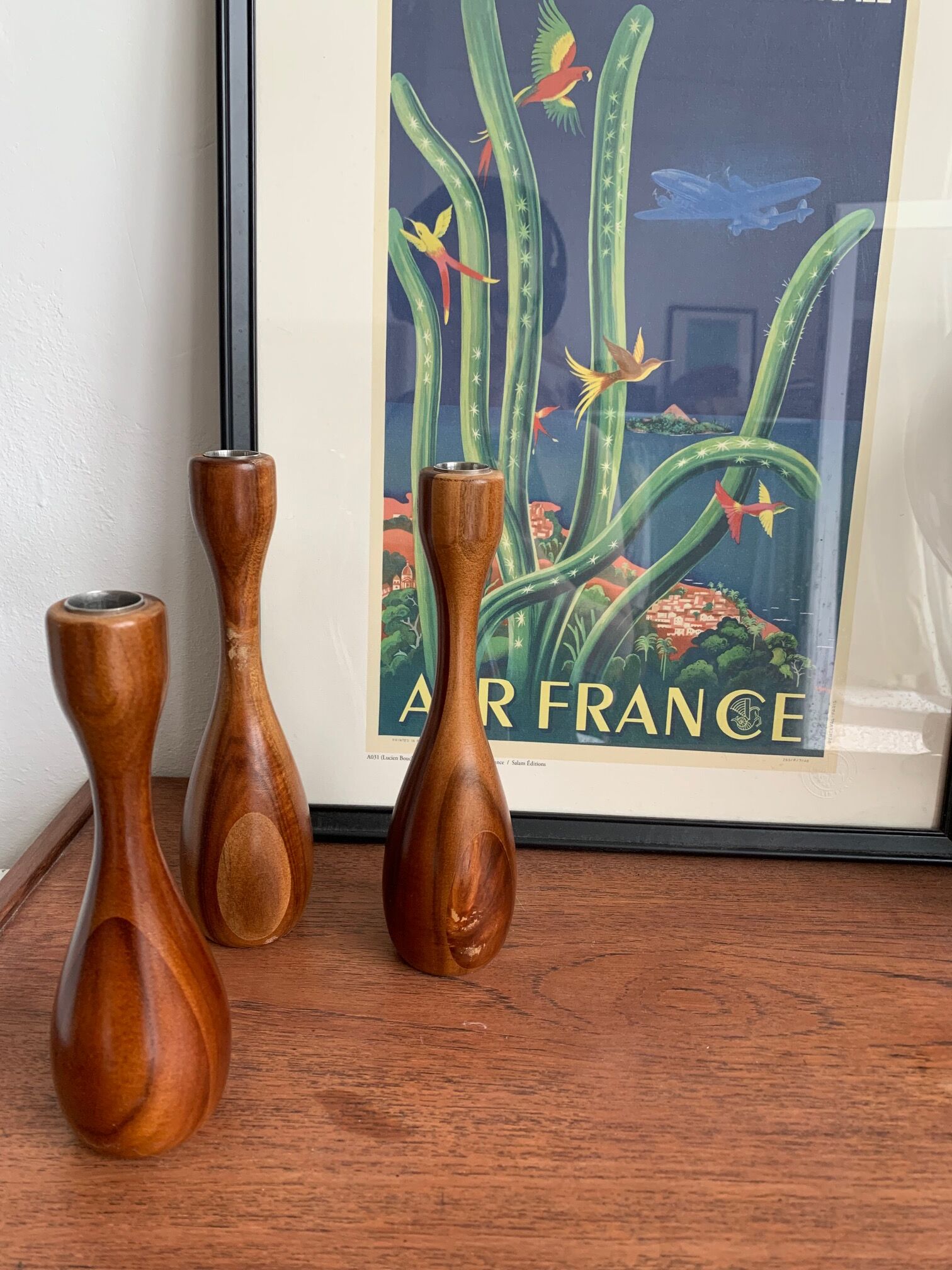 Danish wooden candlestick trio