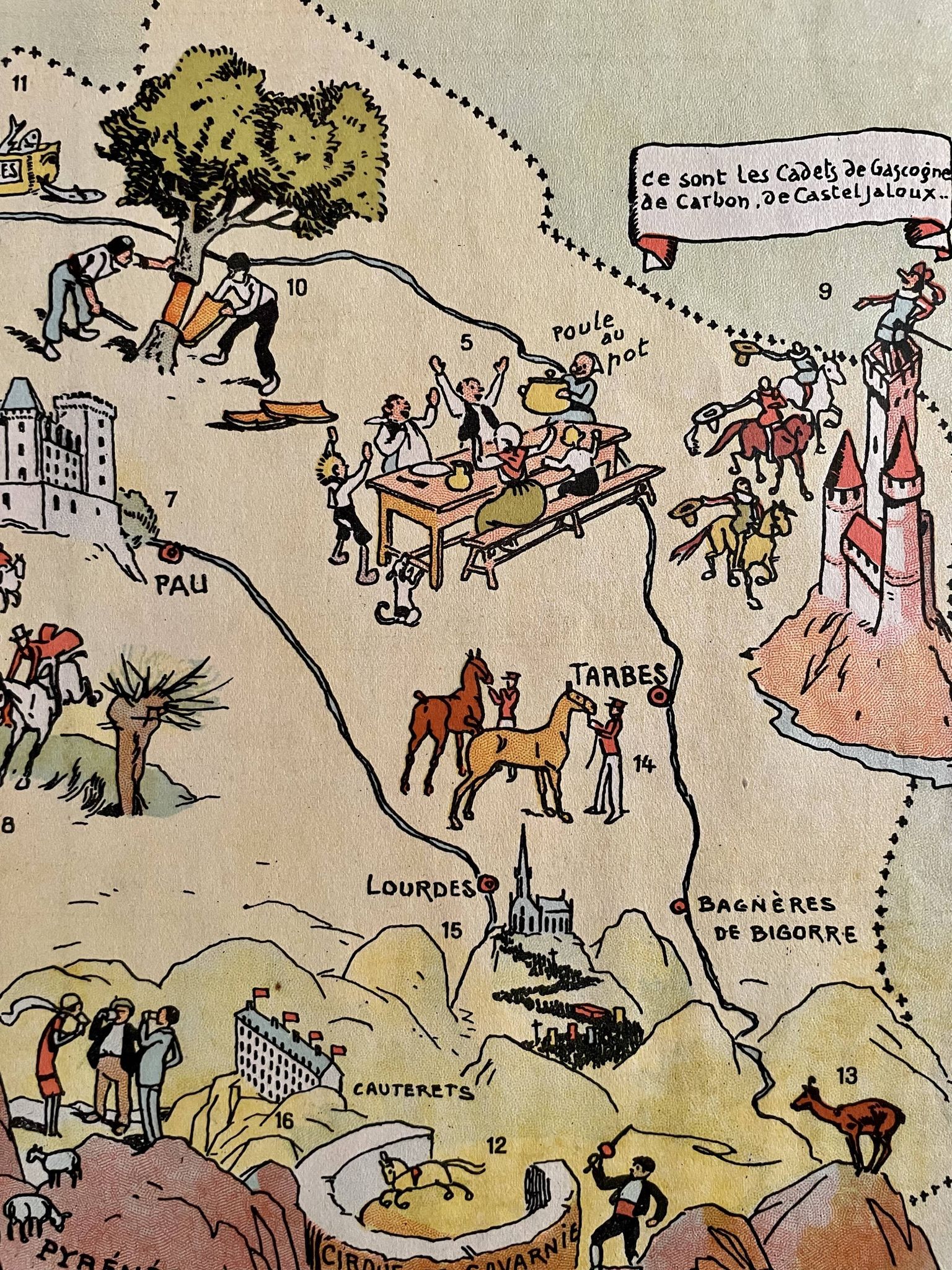 Old illustrated map of Gascony Béarn Basque Country 1945 - JP Pinchon