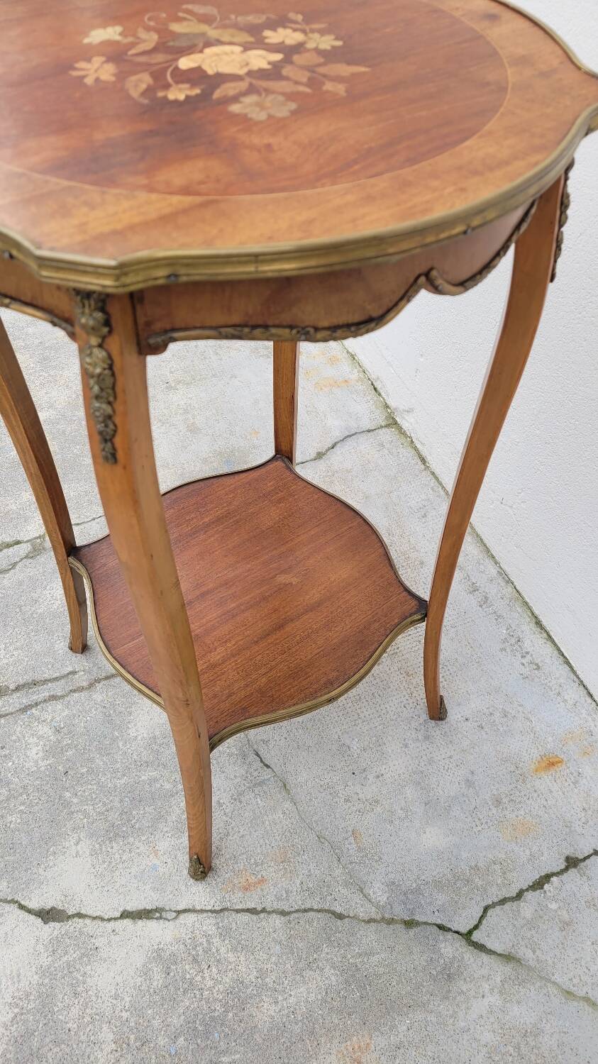 Selette pedestal side table Louis XV style with decorated marquetry and rosewood - 1900s