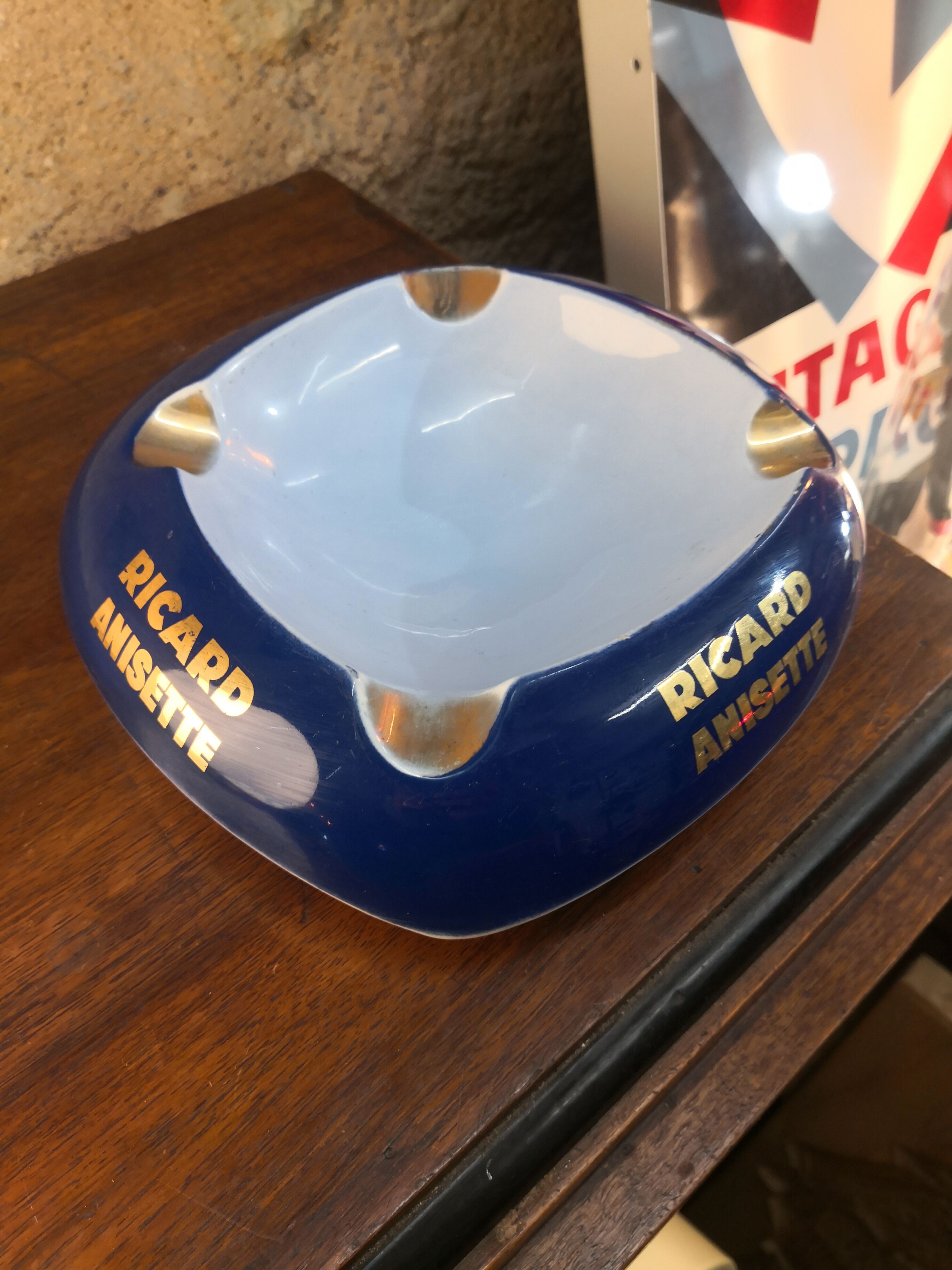 blue and gold Ricard advertising ashtray, ceramic