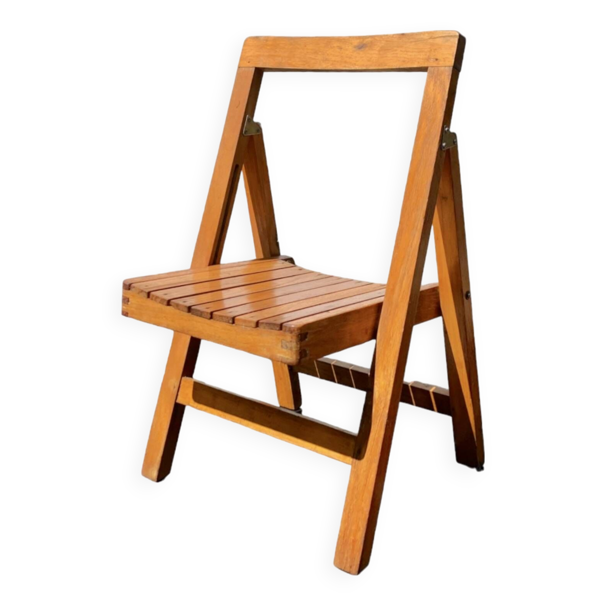 Ancienne chaise pliante en bois verni pour enfant