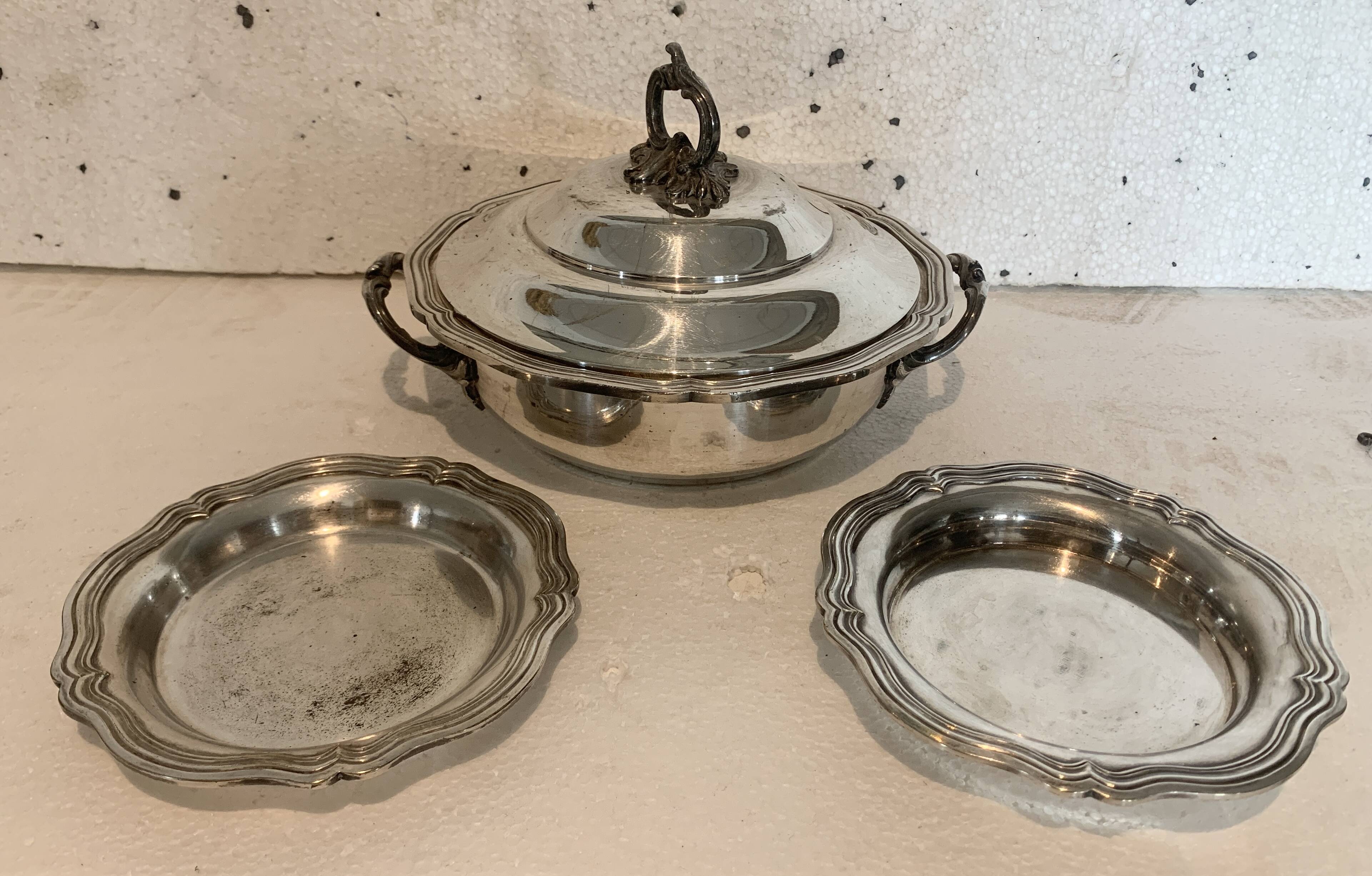Covered broth and two small silver-plated dishes, 20th century