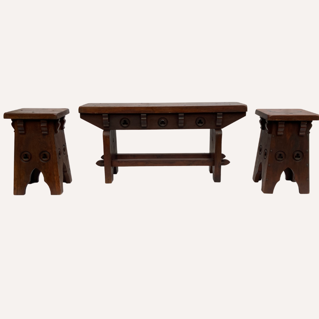 Brutalist set of 2 neo gothic oak stools ( pair ), midcentury , Spain