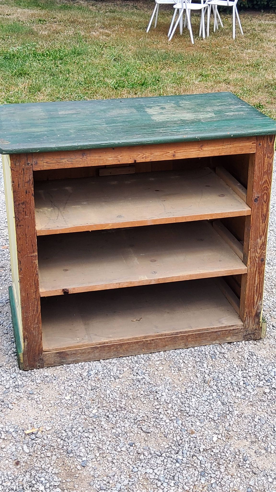 Late 19th century grocery counter in green and yellow patina painted wood