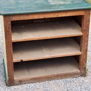 Late 19th century grocery counter in green and yellow patina painted wood