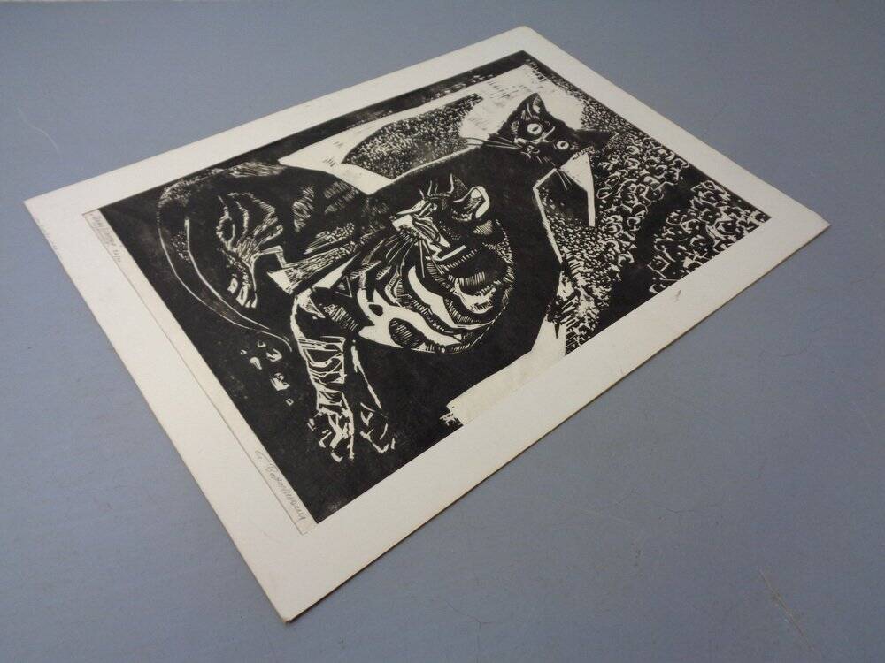 Gerhart Bettermann, 2 Cats, 1980s, Woodcut