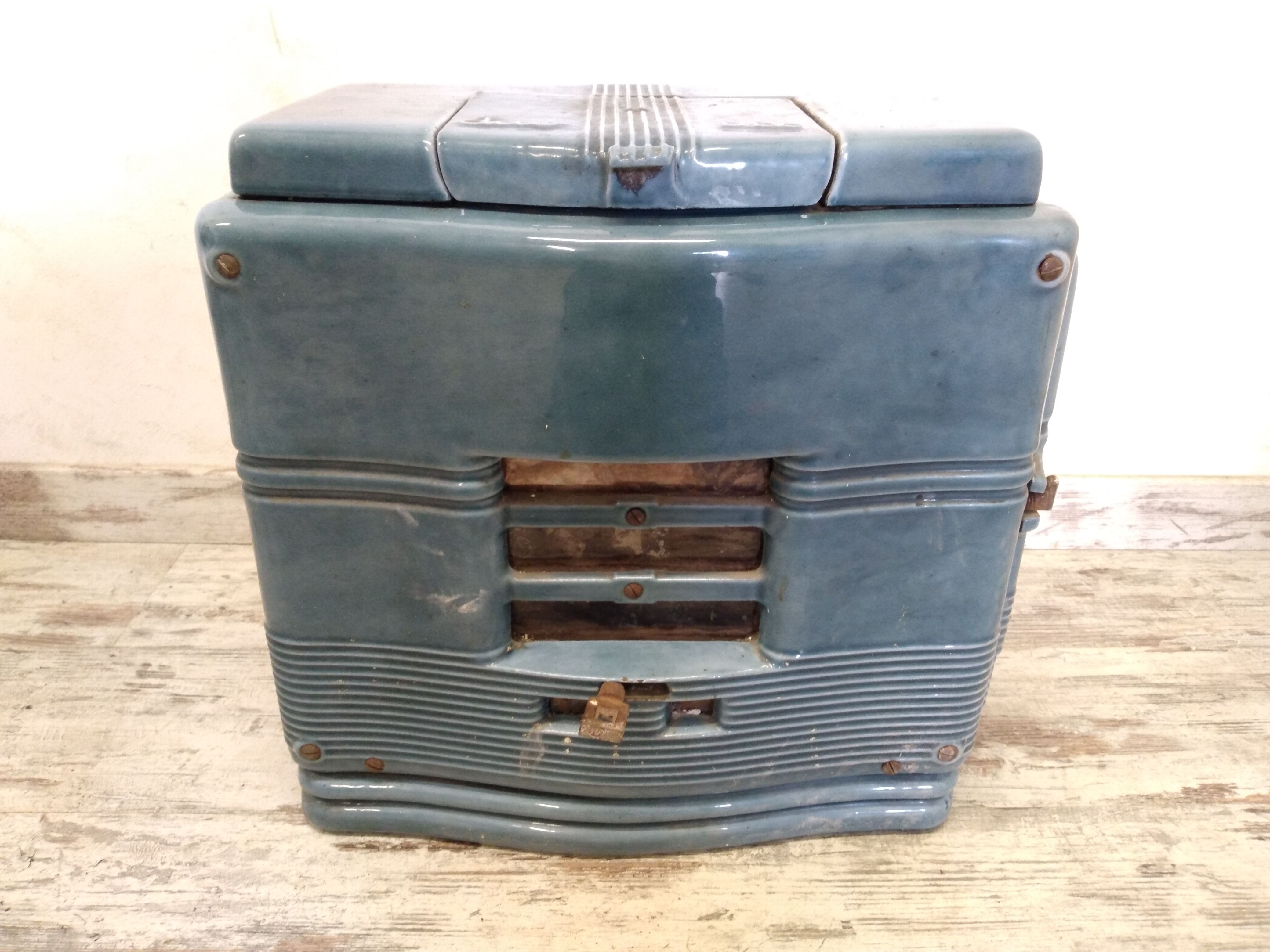 Poêle en fonte émaillée ancien bleu