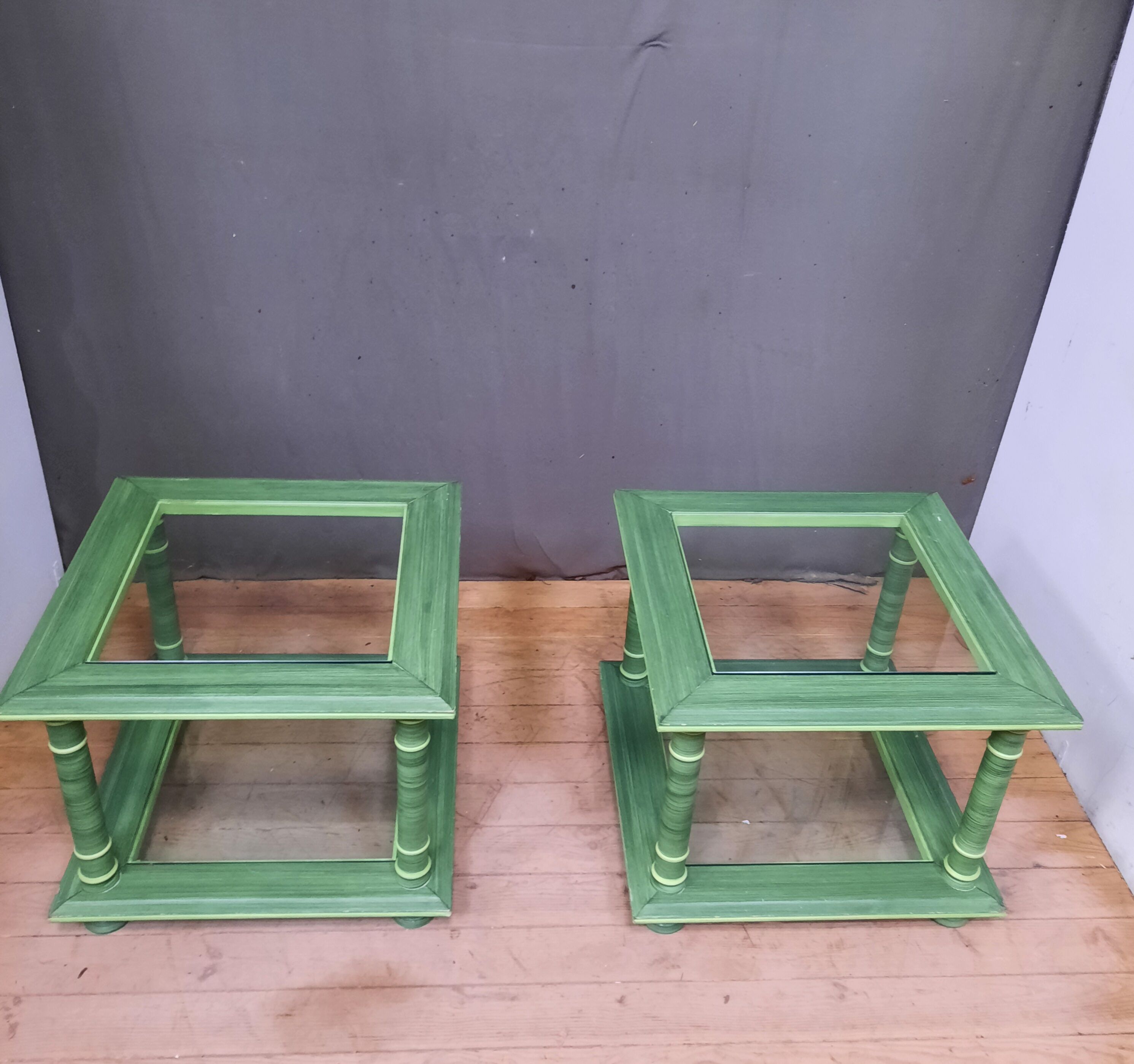 Pair of square sofa ends made of green ceruse wood