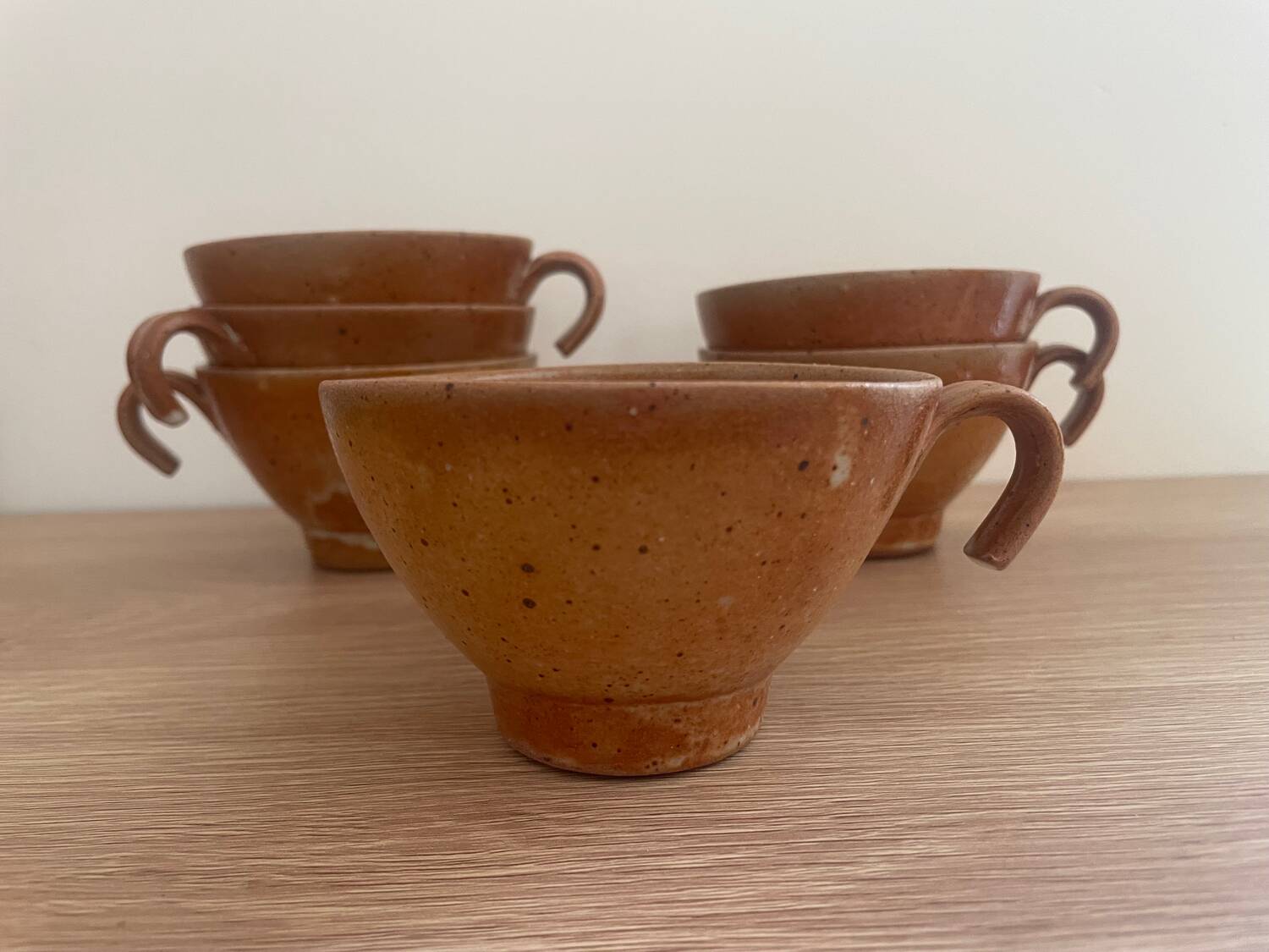 Set of 6 vintage handmade glazed stoneware mugs