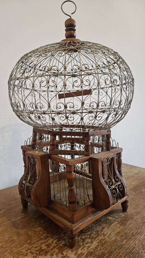 Cage à oiseaux vintage en bois et métal (années 30)
