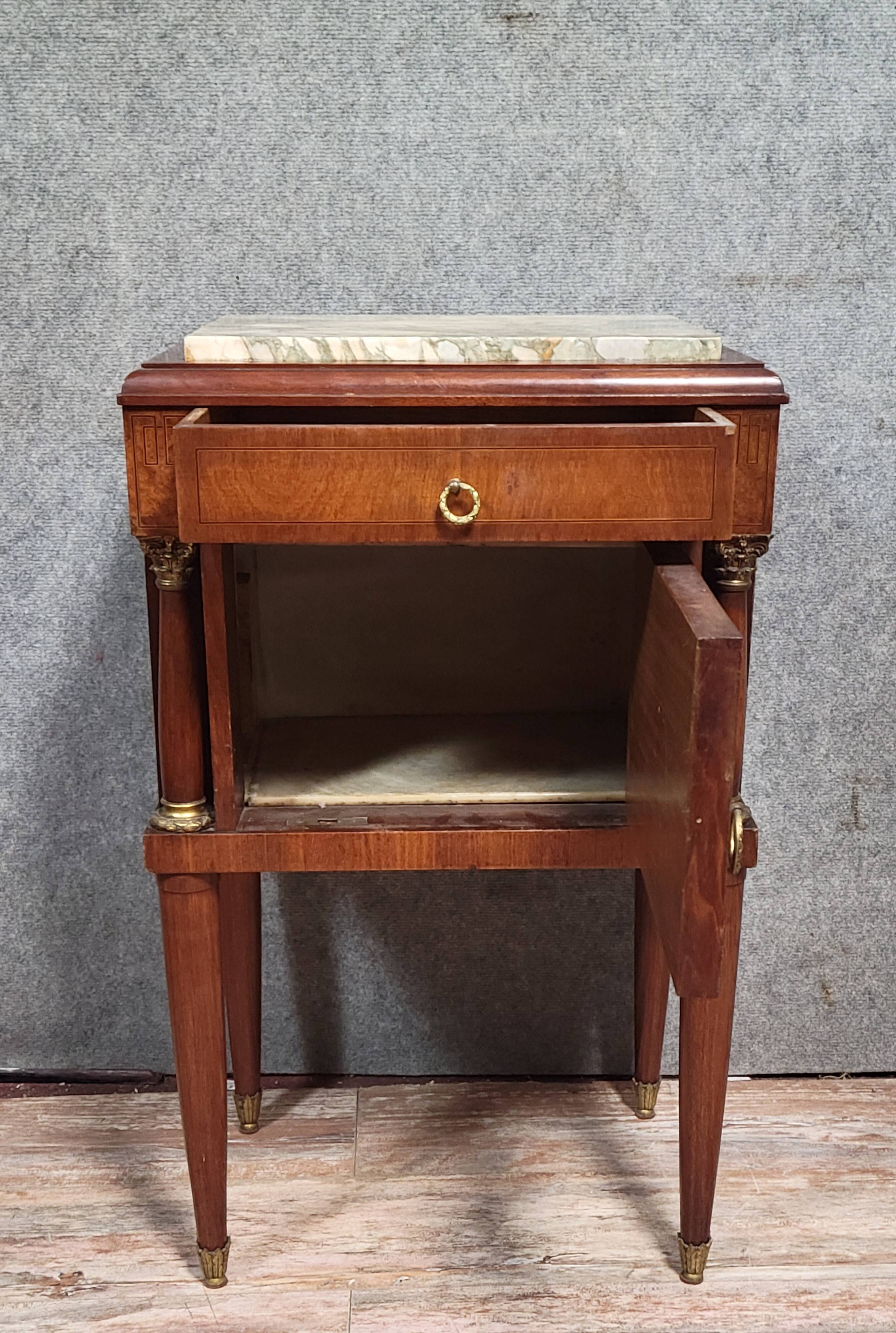Empire/Restoration style bedside table, mahogany and burl