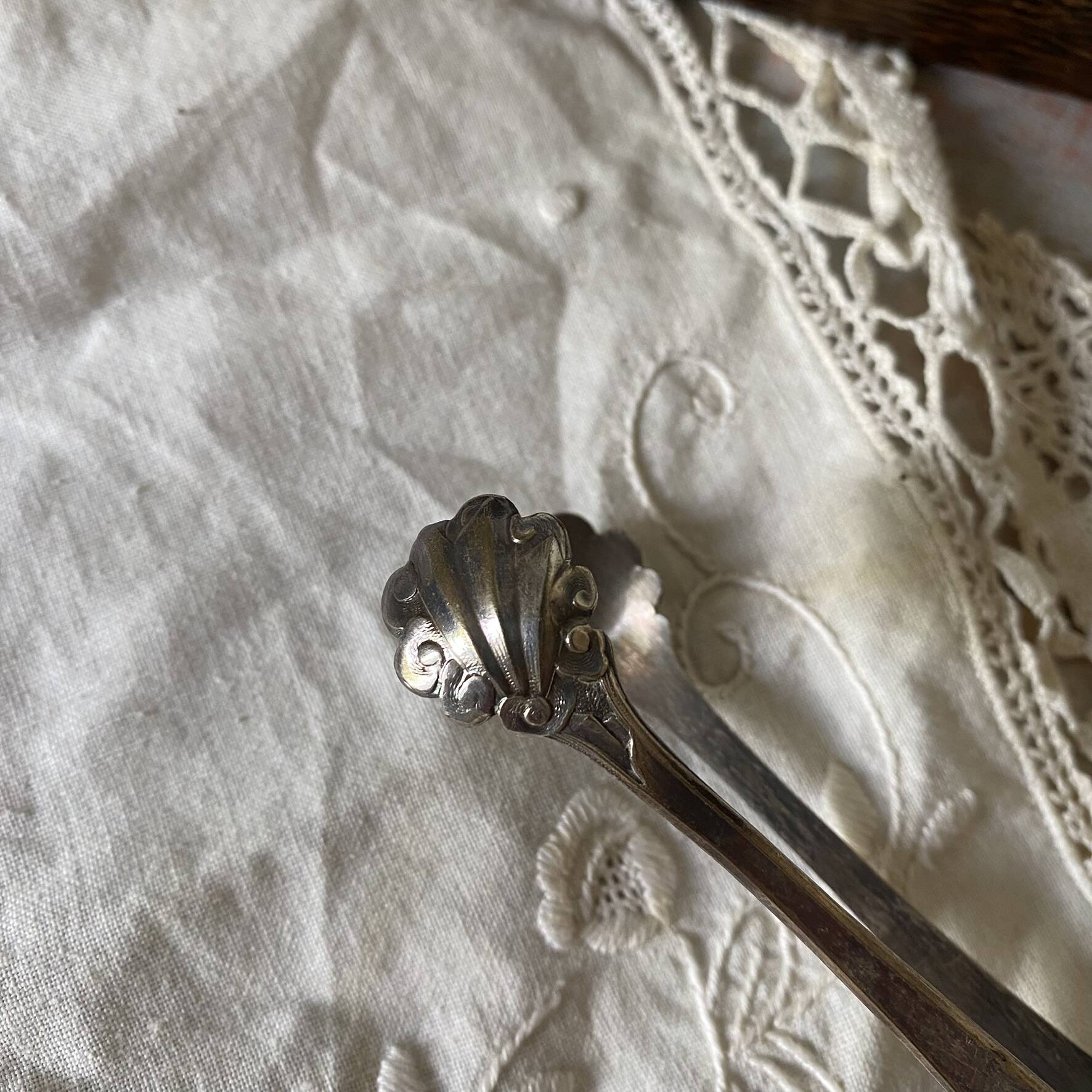 Antique sugar tongs in its case, shell decoration.