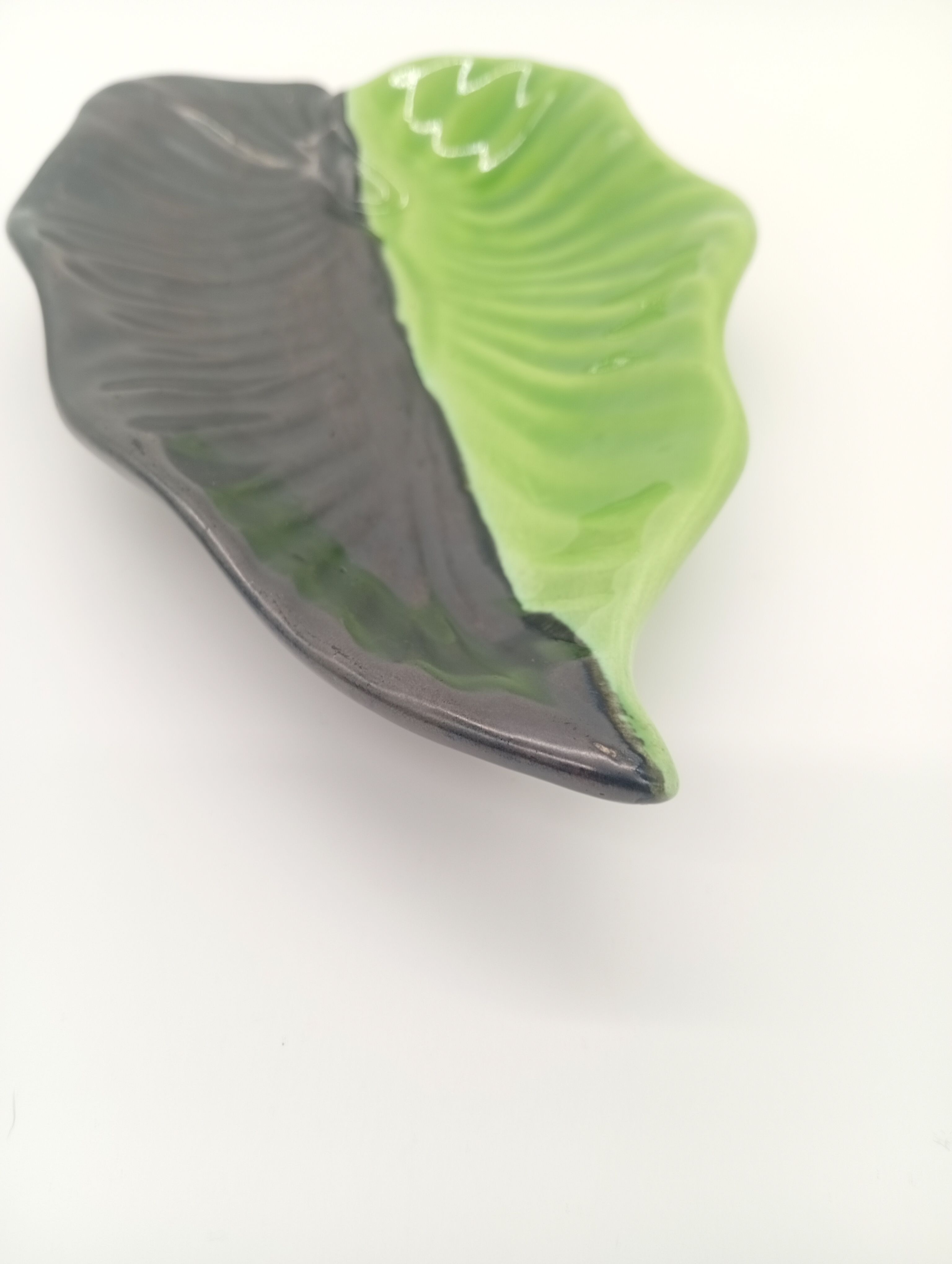 SAP Vallauris Vintage Leaf Bowl Two-Tone Ceramic Green Black 50s 60s