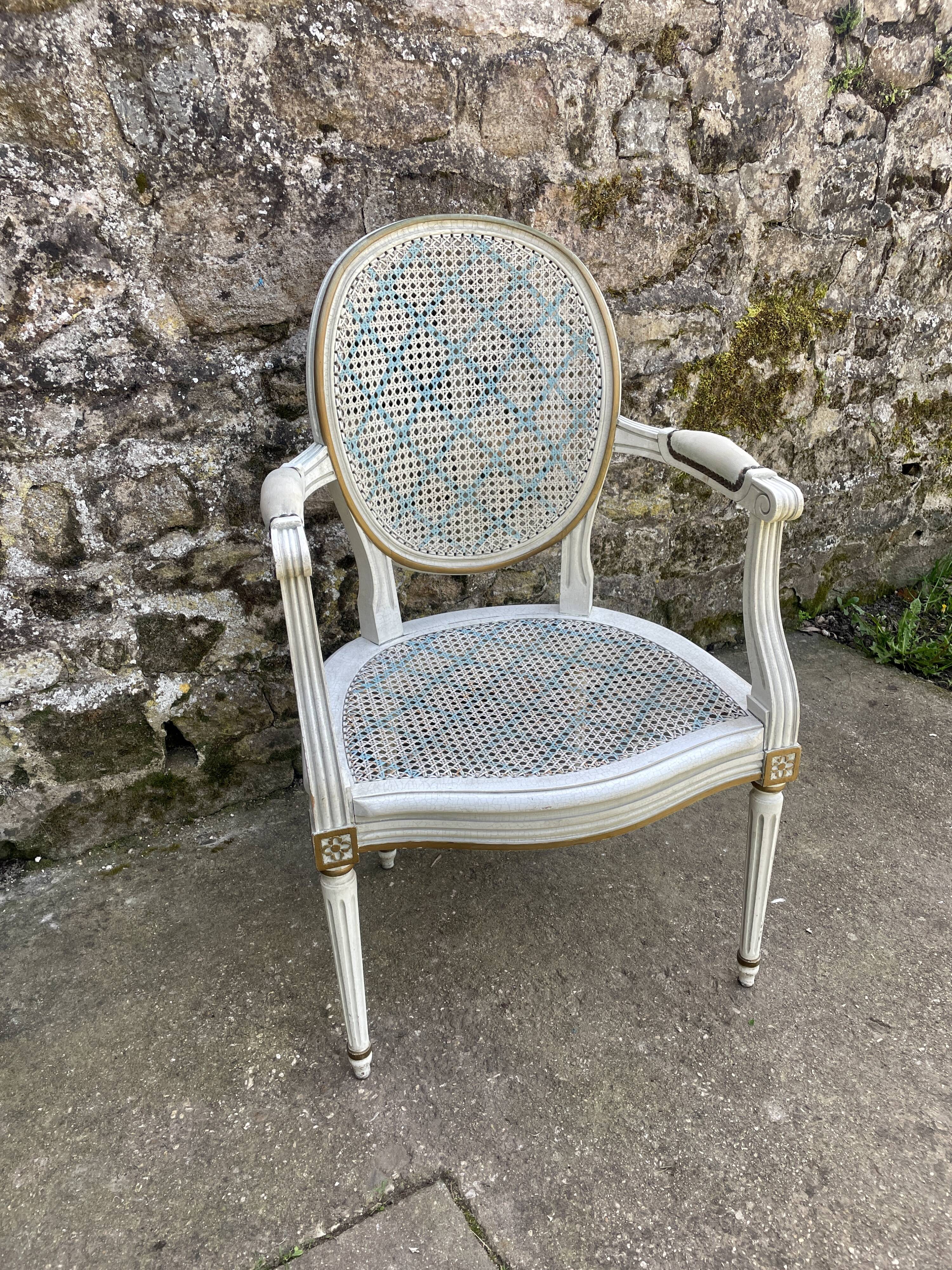 White and blue caned medallion armchair Louis XVI