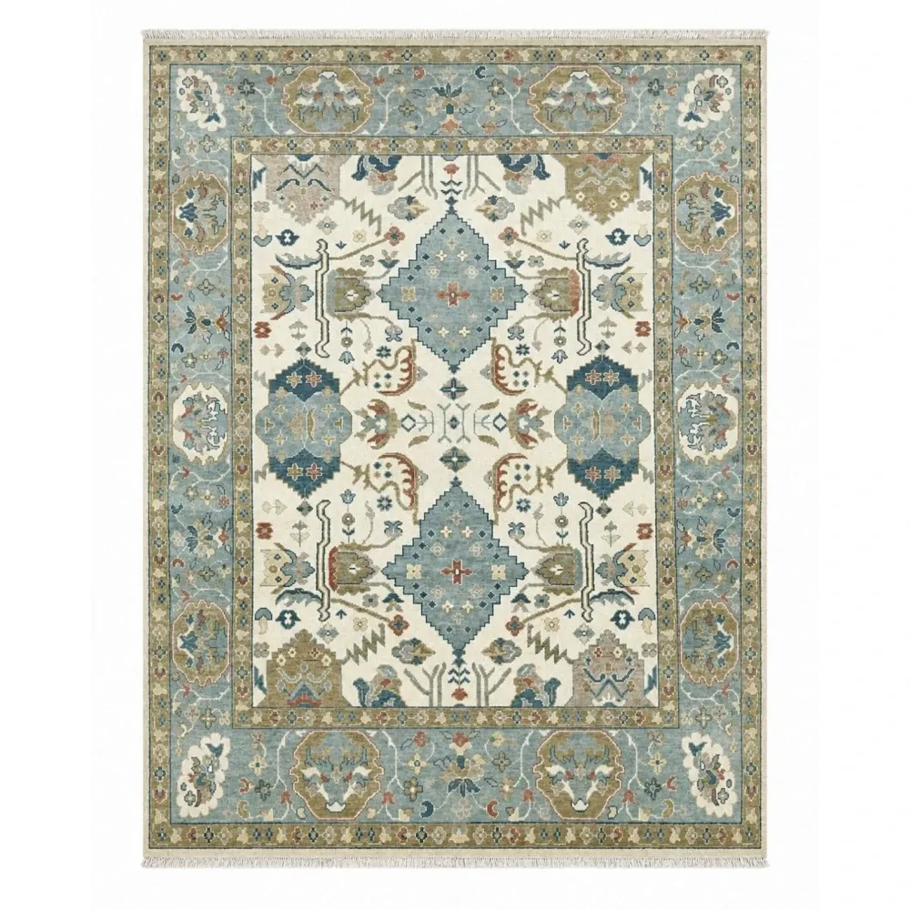 Contemporary Handmade Wool Area Rug, Ivory and Blue Floral Design Carpet for Living Room