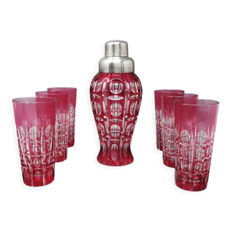 1960s Gorgeous Red Bohemian Cut Crystal Glass Cocktail Shaker With Six Glasses. Made in Italy