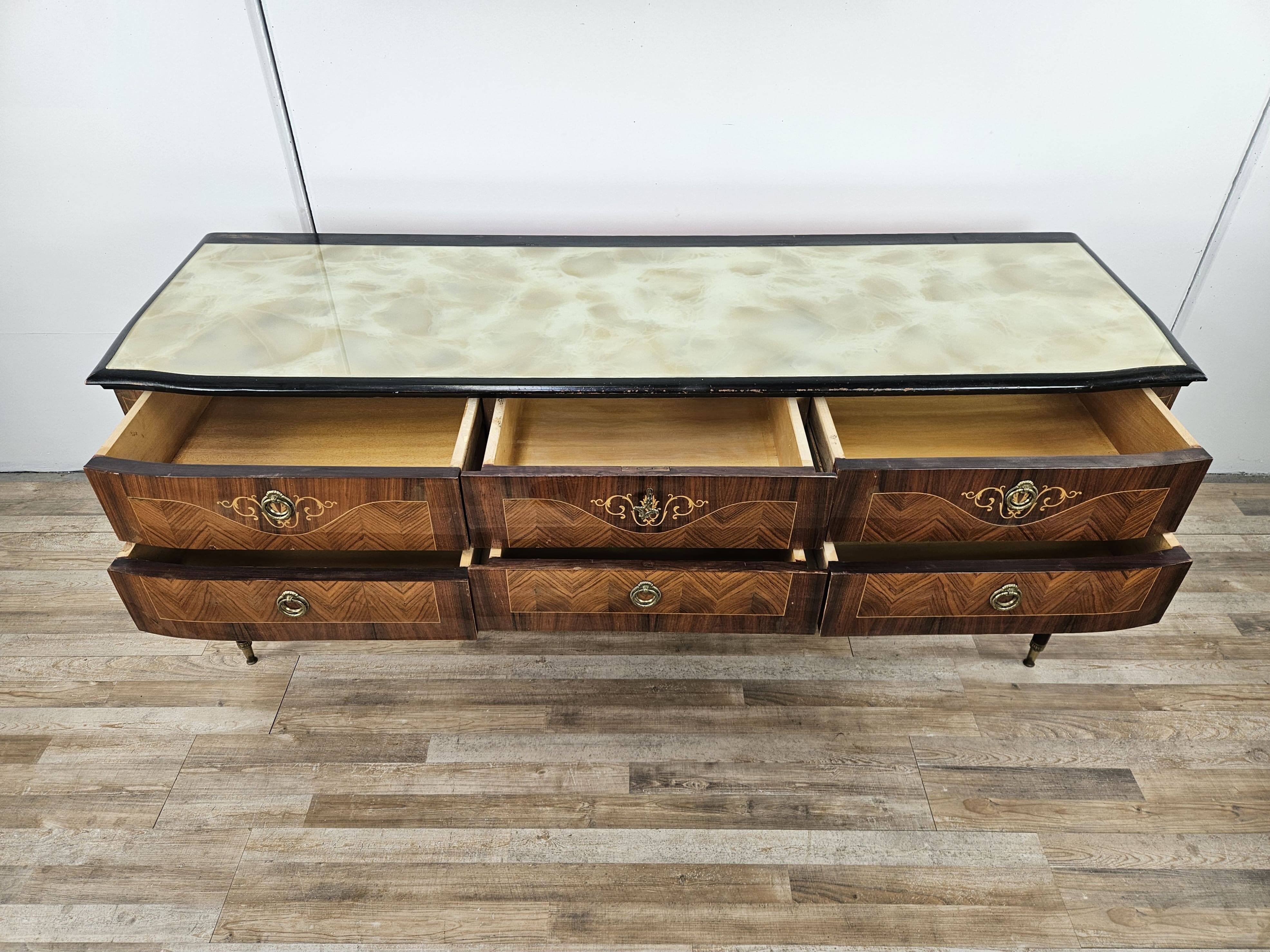 1960s bedroom dresser with six drawers and glass top