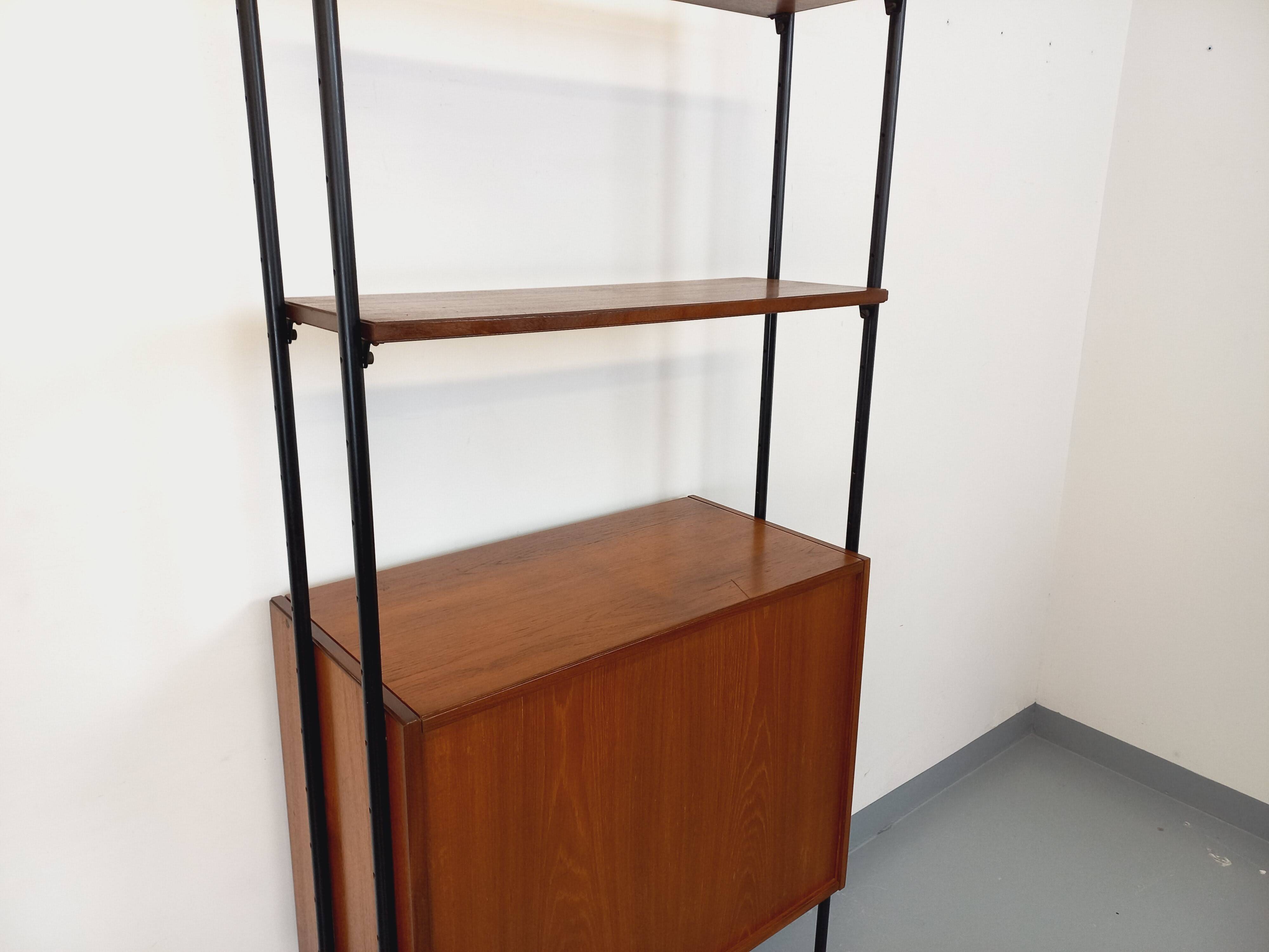Vintage Italian modular shelving unit in teak and metal from the 1970s