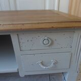 Coffee table on casters, made from an old desk, pearl gray base and belt.