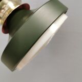 Hanging lamp in green lacquered metal with golden “ring” and bottom grille.
