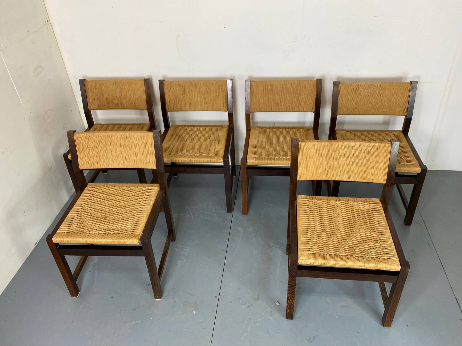Chaises rustiques modernistes en bois et corde de papier, années 1970, lot de 6